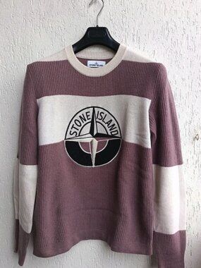 Stone Island Men’s Wool Knit Sweater Burgundy Cream Colorblock Compass Logo (L)